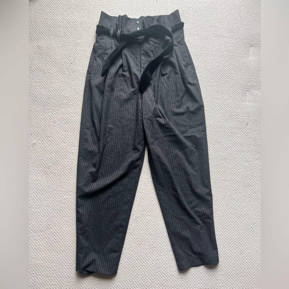 Zara‎ Woman Pant XS Paper Bag Pleated Waist Charcoal Pinstripe Pant High Waisted